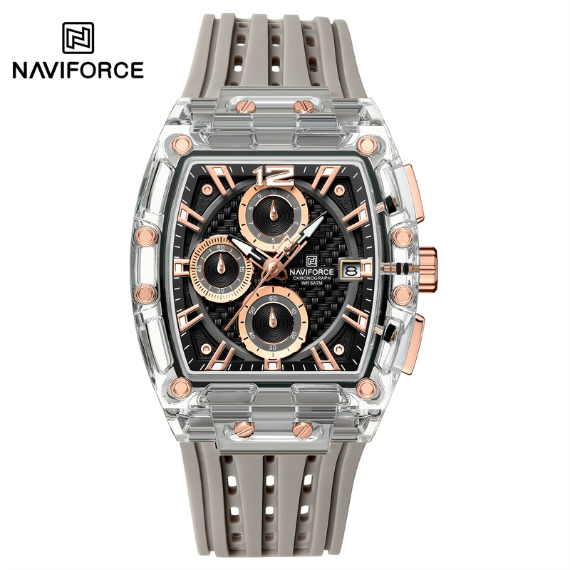 Naviforce 5 atm impermeabil ceasuri bărbătești originale sport cuarț multifuncțional curea silicon carcasă pătrată ceas de mână: Cafea