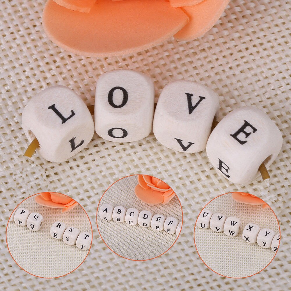 100pcs Natural Mixed Wooden Alphabet Letter Spacer Cube Beads Craft DIY 10mm ark