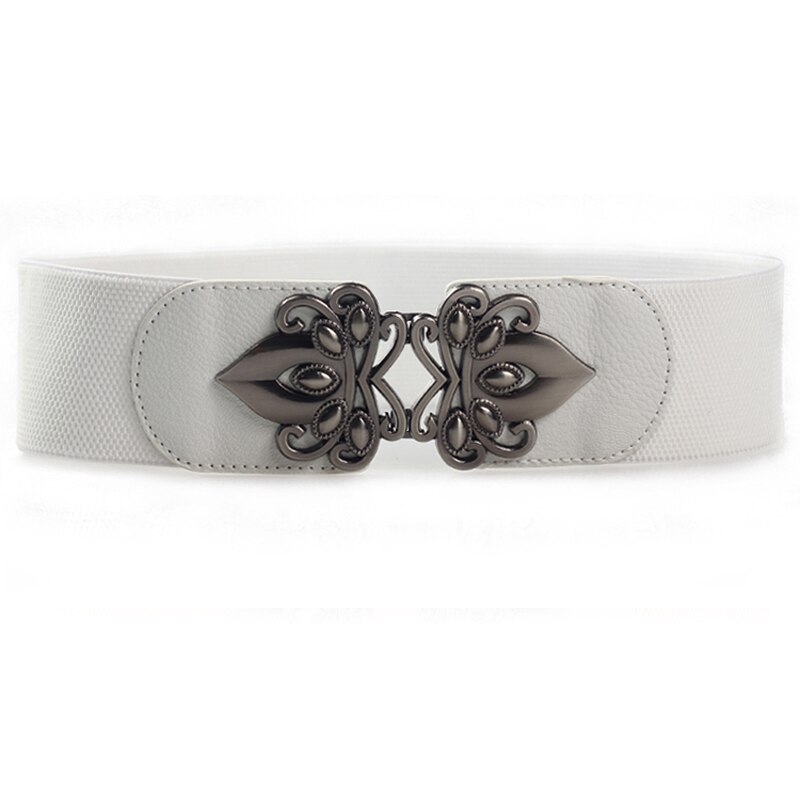 Ceinture élastique large pour femme, ceinture large pour pull et jupe, ceinture cintrée pour robe glrsbuty avec boucle en métal à fleurs, ceinture corset: Blanc