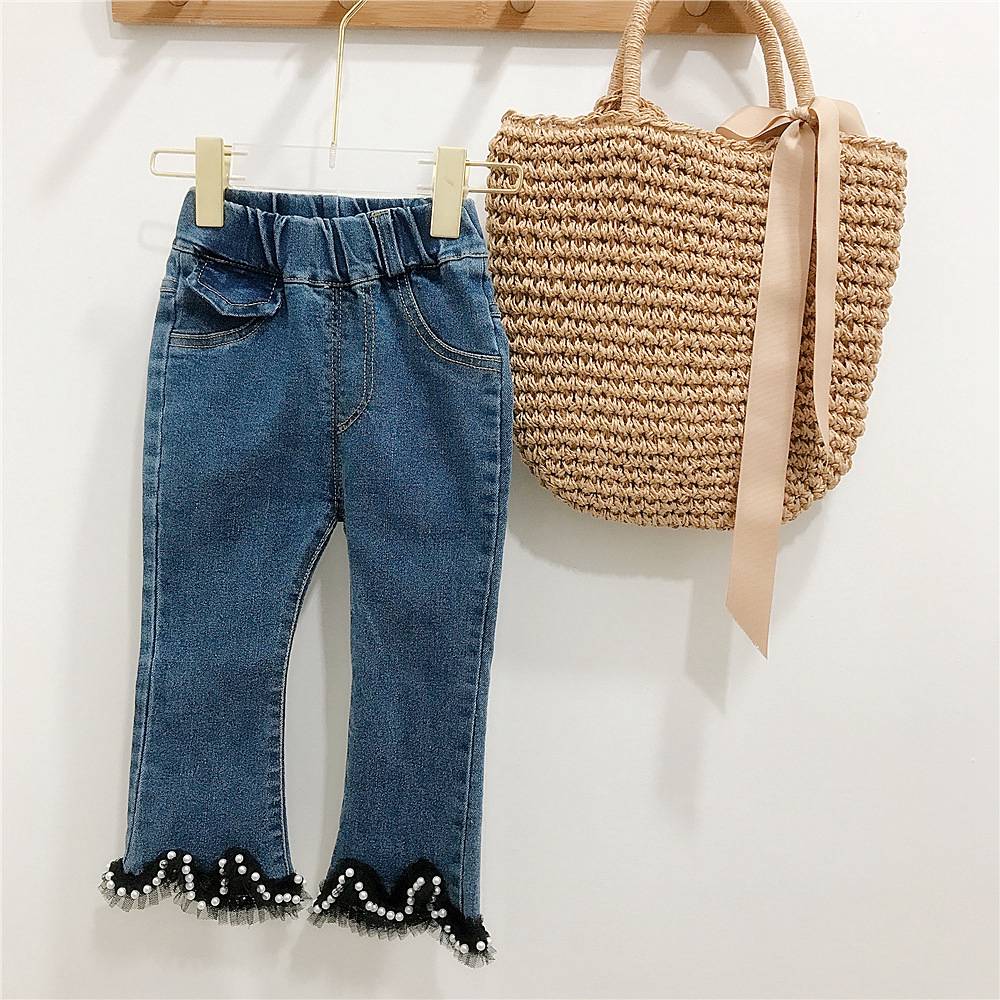 Mode Meisjes Kids Prinses Jeans Flare Broek Lente Herfst Lange Kinderen Baby Lace Kralen Denim Broek Broek S12091