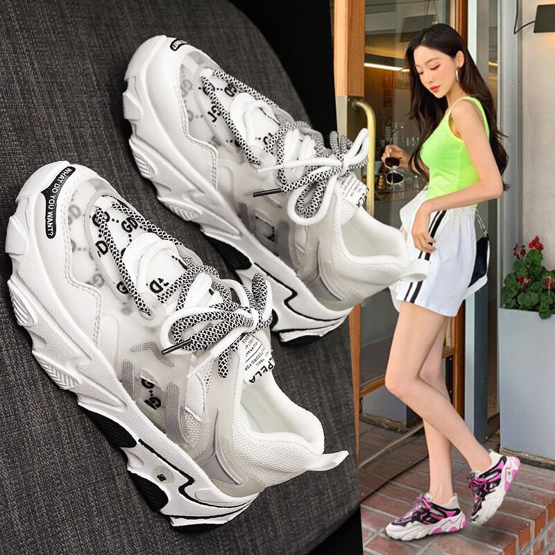 Mesh casual sport damskor bekväma halkfria plattbottna damskor trend ökad pappa skor