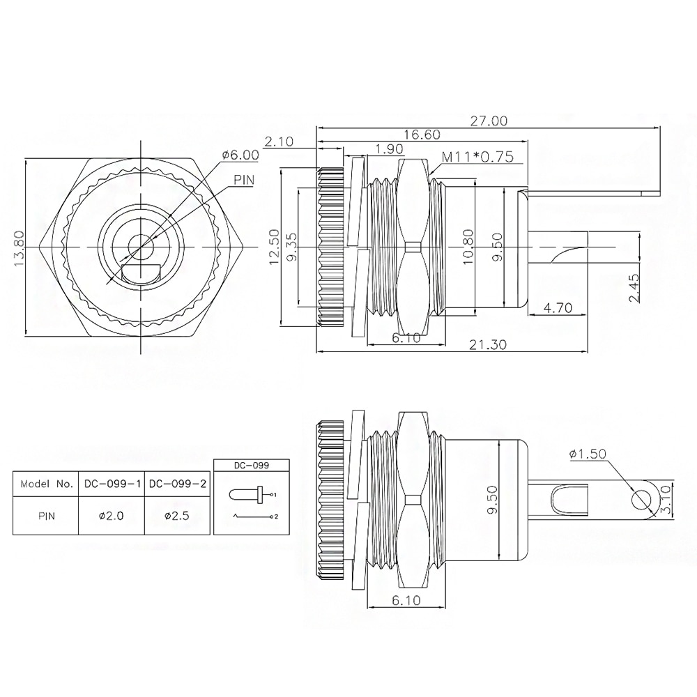 DC-099 5.5mm x 2.1mm Female DC Threaded Barrel Jack Socket to SM JST 2 Pin Male Connector Cable Plug Lenght 10/15/20cm
