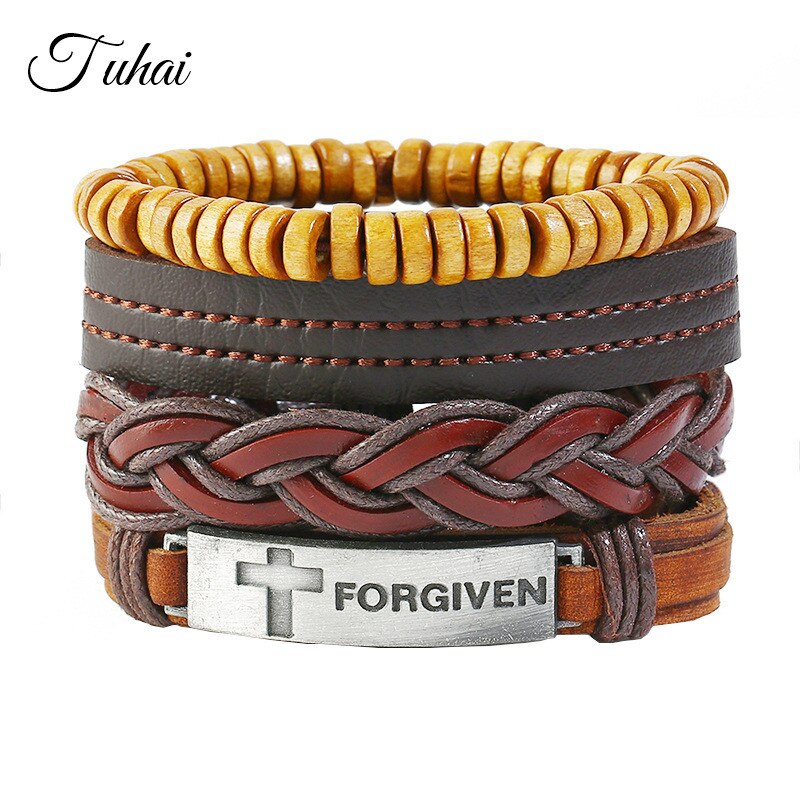 4 pçs feito à mão trançado multicamadas pulseira de couro para homens perdoados cruz wrap pulseira de jóias