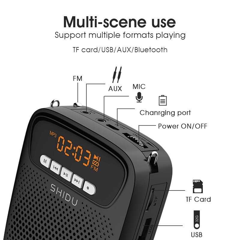 SHIDU 15W Tragbare Verstärker Stimme verdrahtet Mikrofon FM Radio AUX Audio- Aufnahme Bluetooth Lautsprecher Für Lehrer S278