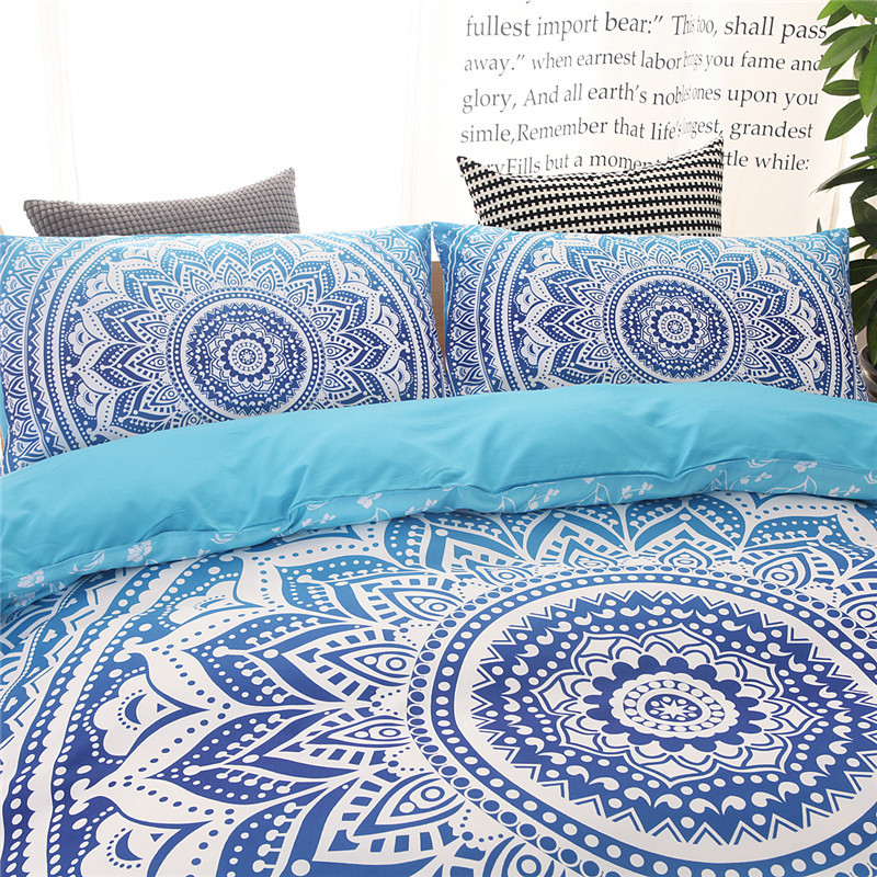 Bohemiska sängkläder set mandala tryck blå svart vit boho enkel dubbel queen king size påslakanset (ingen fyllning inget lakan)