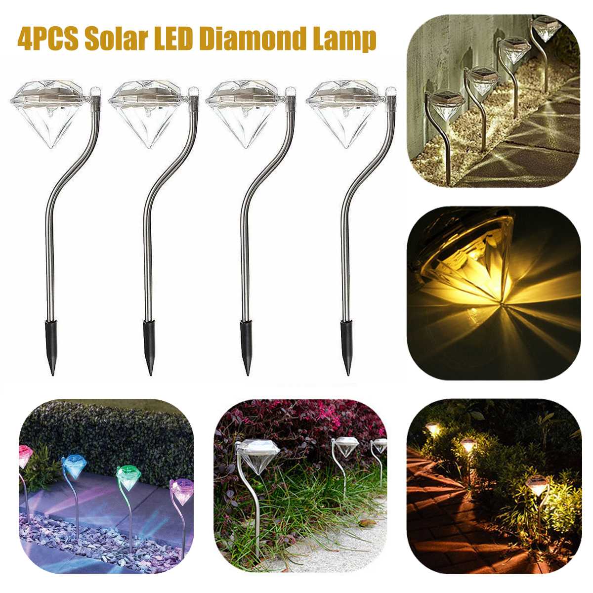 4 stks/partij Outdoor LED Solar Lampen voor Tuinpad Stake Lantaarns LED Diamanten Pathway Lawn Solar Light Waterdicht