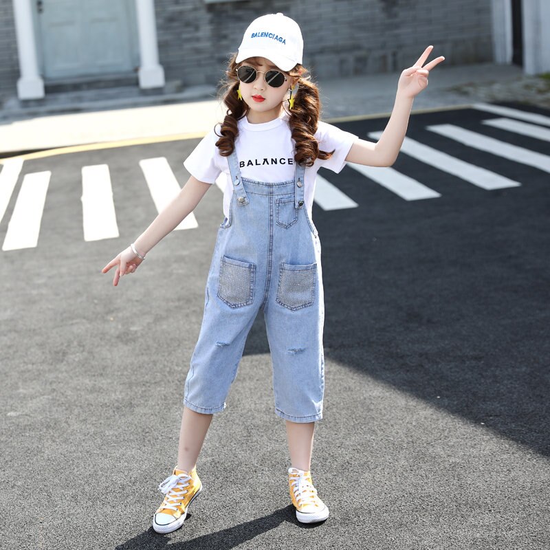 Sommer freundlicher Mädchen Denim Hosenträger Hosen Schulter Gurt Kalb-Länge Hosen Jugendliche Mädchen Jahrgang Jeans Insgesamt mit Kristall Tasche