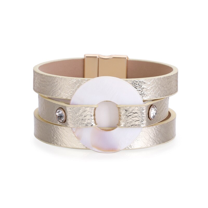 Pulseras redondas de piel de resina multicapa para mujer, pulsera con dijes circulares, pulsera envolvente ancha, Joyería Moderna para mujer