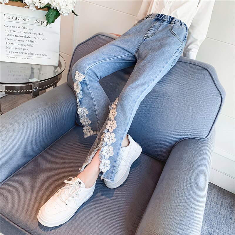 Pantalones vaqueros ajustados para niñas, pantalón acampanado de con flores, elásticos, informales, de 8, 10, 12 y 14 años: 14