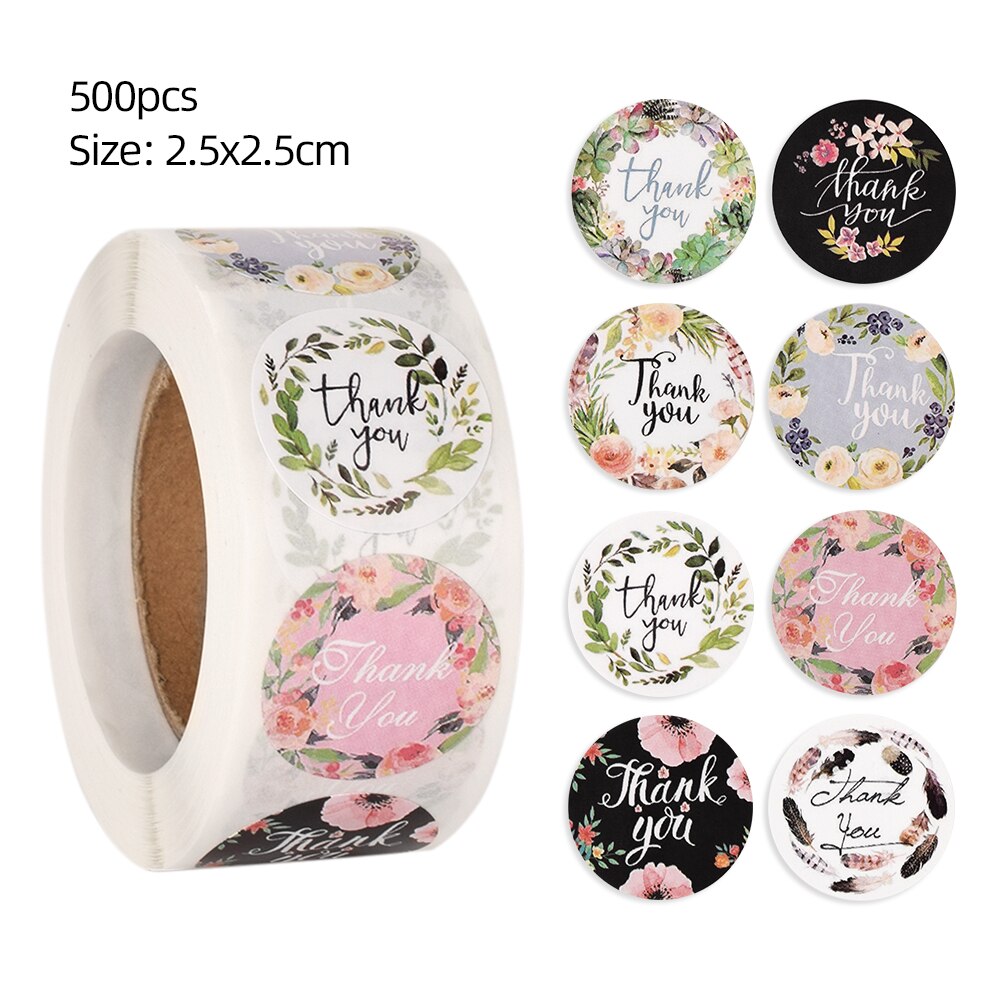 Adesivo redondo floral obrigado 500 peças/rolo, etiquetas de selo de pacote, círculo, papelaria, decoração, casamento, adesivo: G