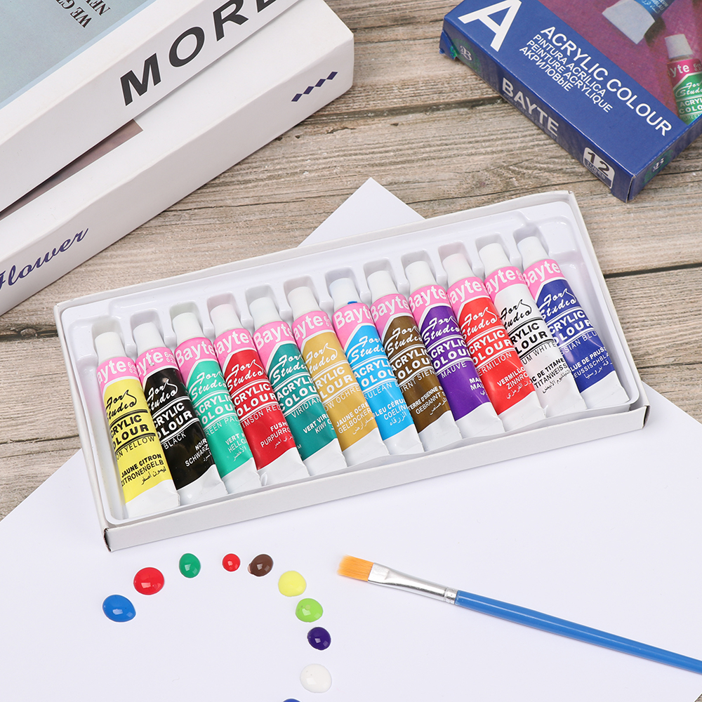 12 Kleuren Professionele Acryl Pigment Aquarel Verf Set Met Borstel Kunst Levert Voor Handgeschilderde Olieverf Baby