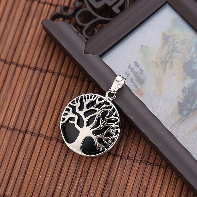 Natural Crystal Stone Handmade Round Life Tree Pendant Jewelry Making DIY Necklace Bracelet Earrings Jewelry Accessories: Black Onyx