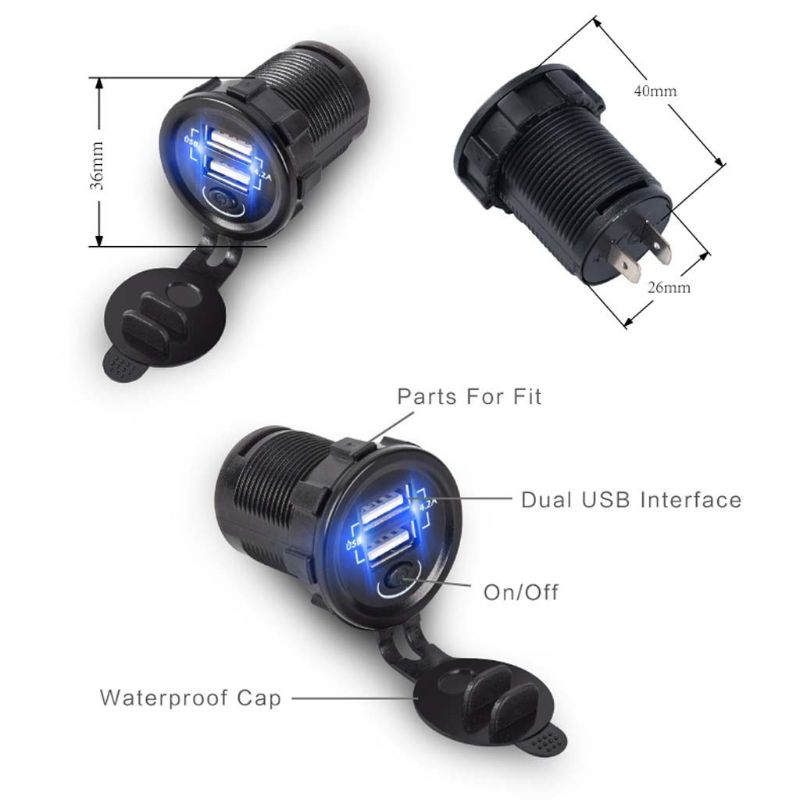 12V 24V Dual USB 5V 2,1 EIN Auto Ladegerät Adapter Mit ON OFF Schalter Power Kabel Für auto Boot Marine Motorrad Camper