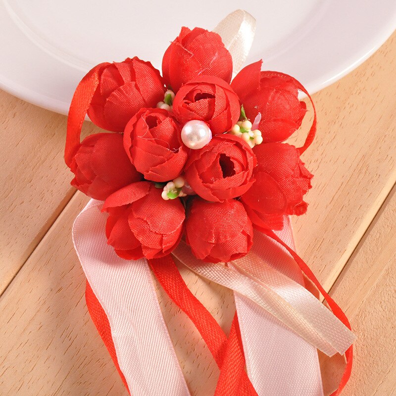 1pc Wrist Flower Rose Silk Ribbon Bride Corsage Hand Decorative Wristband Bracelet Bridesmaid Curtain Band Clip Bouquet: red