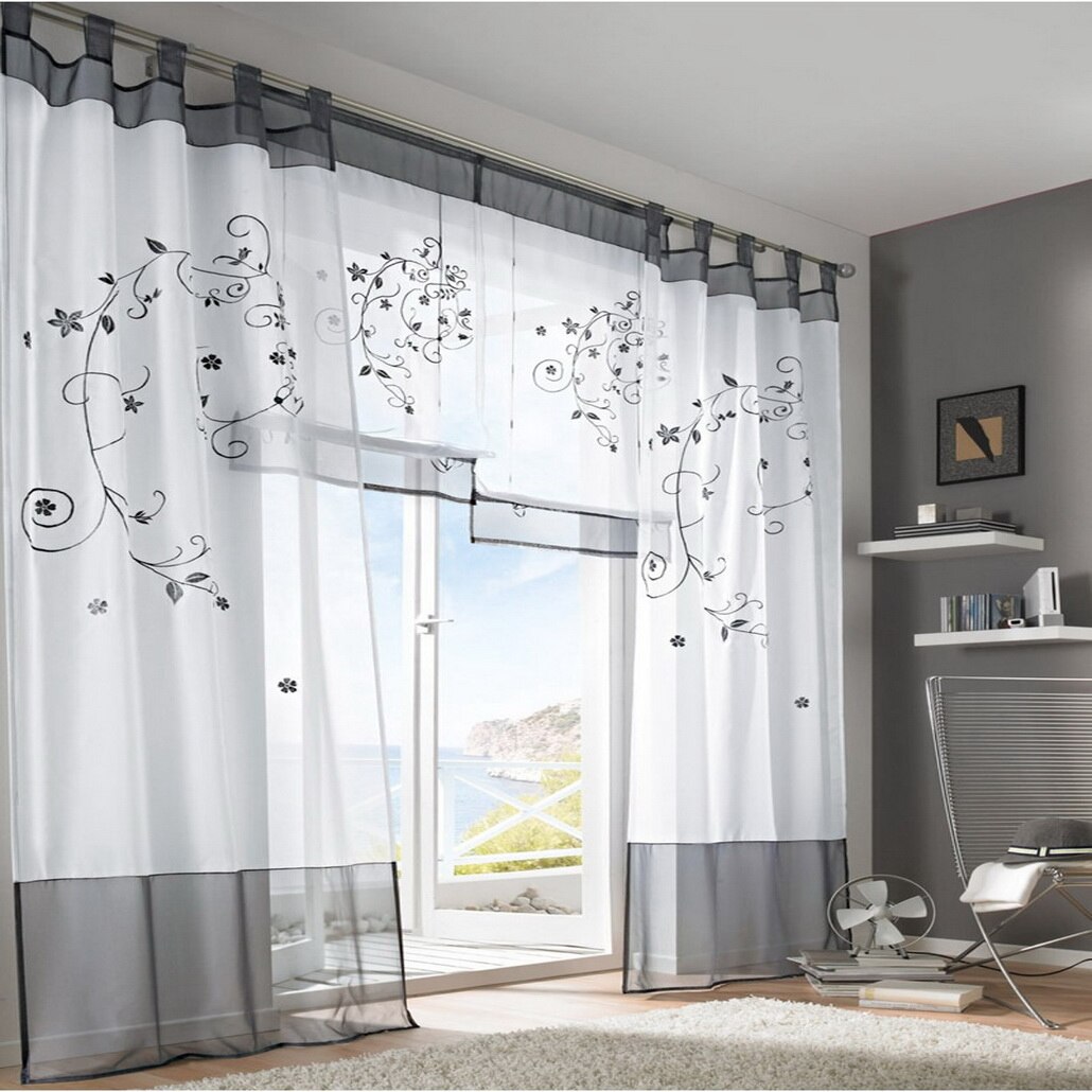Urijk-rideaux transparents en tulle, rideaux transparents avec motifs floraux, pour fenêtre de chambre à coucher et salon: E gray140x245cm