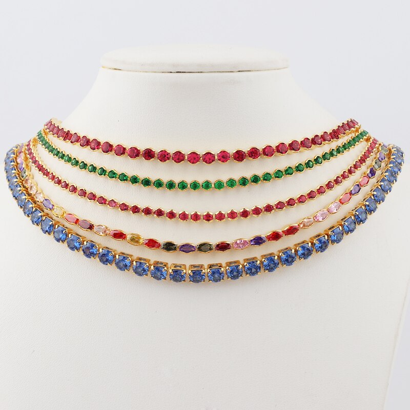 Gold Color 1 Row Shiny Colorful Neon Rainbow Iced Out Zircon Charm Thin CZ Tennis Chain 33+7CM Women Choker Necklace