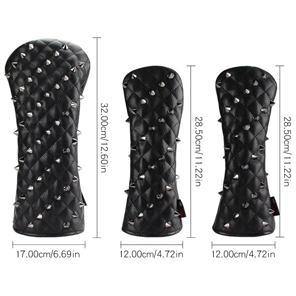 Golf Headcovers Black Rivets PU Leather Golf Wood Cover For Driver Fairway Hybrids 135UT Rescue Woods Clubs Head Protector