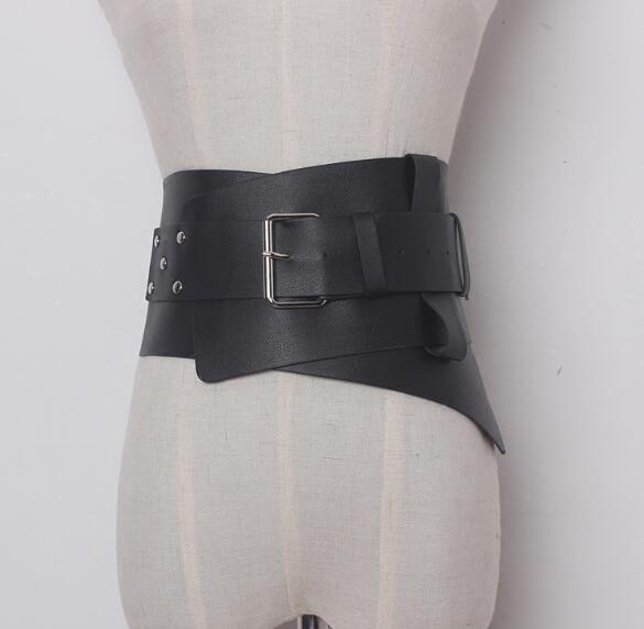 Nuevos accesorios de cinturón ancho de Ultra Plus para mujer Faux cuero elástico corsé cinturón metal frontal cinturón con hebilla chica Ropa Decoración: E001