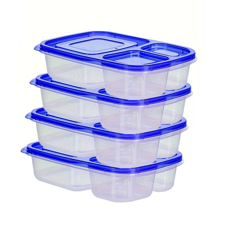 Fiambreras apilables originales, recipientes de comida reutilizables de 3 compartimentos para niños y adultos, fiambrera Bento para trabajo de comida, 4 Uds.: Azul