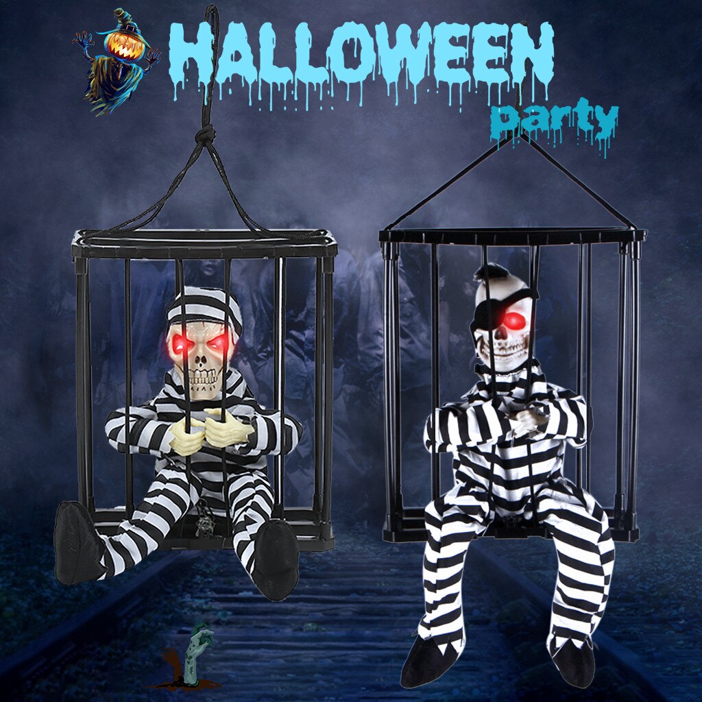 Halloween Hanging Voice-Control Skeleton Prisoner Dressing With Prison Clothes Red Glowing Eye The Skull In Prison shout Decor