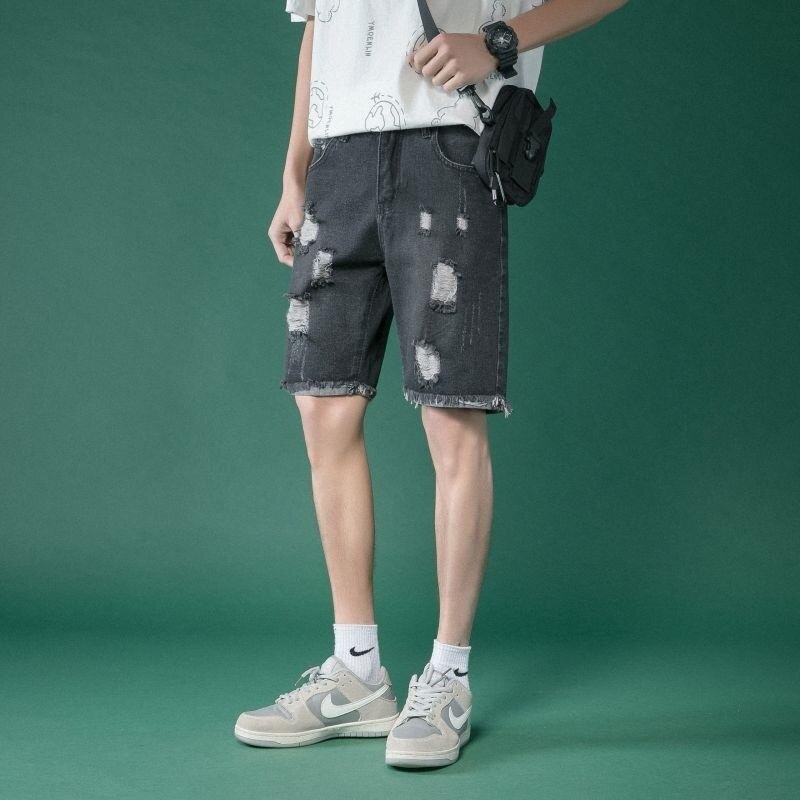 Jean déchiré noir à bords bruts pour homme, pantalon tendance à jambes droites, été, 40