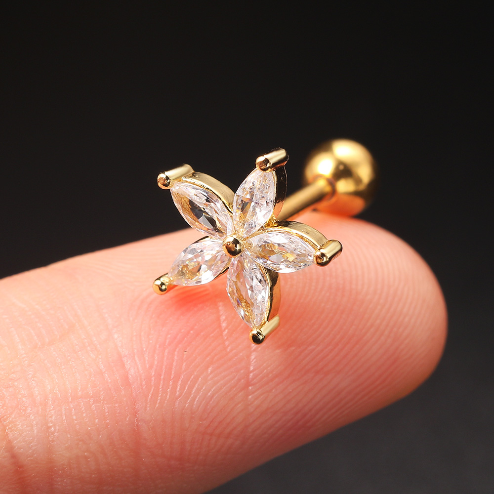 Sexy Flower Zircon Ear Piercing Stud Earring Helix Tragus Piercing for Girl Women Stainless Steel Snug Lobe Cartilage Jewelry: Rhodium Plated