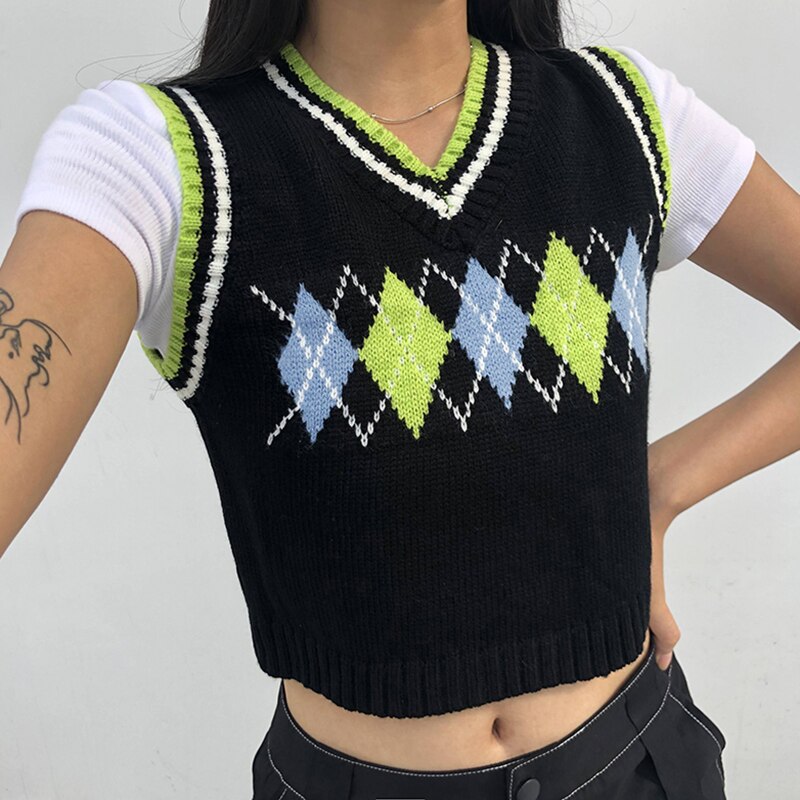Colorful Argyle Plaid Knitted Sweater Vest Women Preppy Style Streetwear 90s Retro Striped Patchwork Sleeveless Knitwear