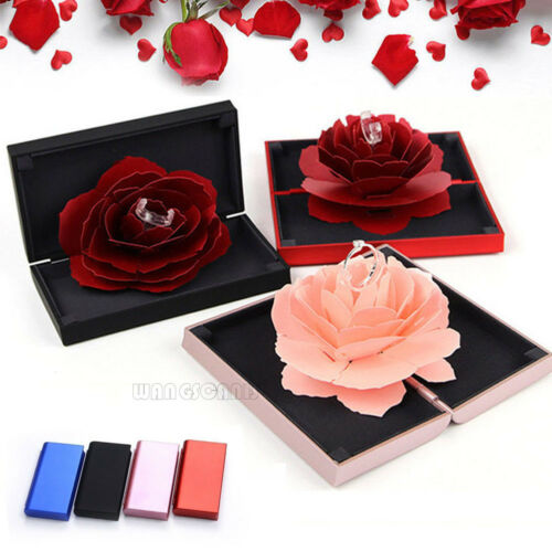Mooie 3D Pop Up Rose Ring Box Bruiloft Engagement Sieraden Opslag Rechthoekige Voorstel Roterende Rose Flower Ring Box