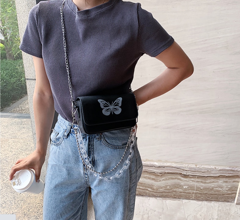 Dameveske kjede en skulder liten veske deksel dame søt jente vintage messenger cross body bag sommerfugl svart  gh25698