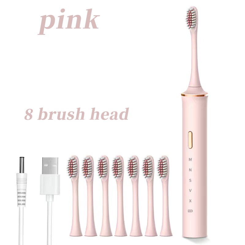 Smart electric toothbrush adult students soft hair automatic USB charging ultrasonic couples brushing comfortable and healthy: pink 8Heads