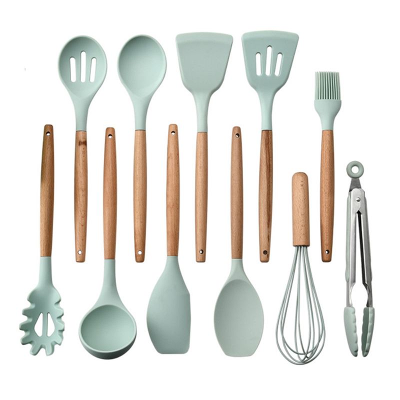 Non-toxic Silicone Kitchen Cooking Utensils Set Natural Wooden Handle Cooking Tools Turner Tongs Spatula Spoon for Nonstick Cook