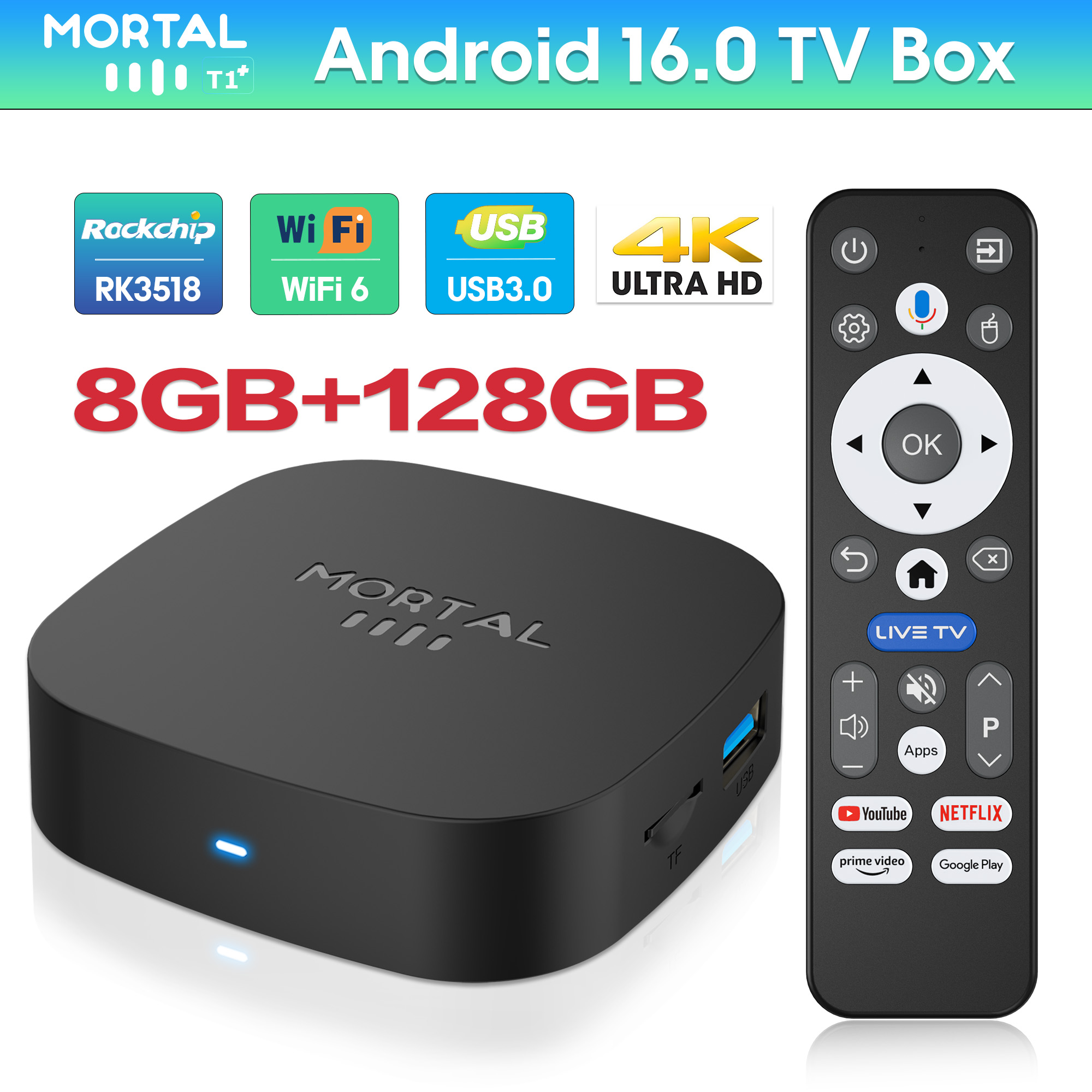 Smart TV Box Android 16, Google Voice Control, Wi-Fi 6 2.4G, 4K 1080p, 8GB, 128GB, T1+, Bluetooth 5.0, RK3518, HDMI de Alta Velocidade, Global Media Player