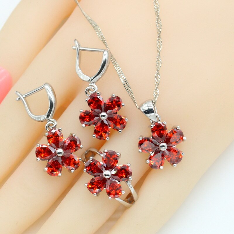 Set di gioielli Color argento con zirconi rossi per le donne forma di fiore ciondolo bracciale orecchini anelli collana confezione regalo: 3PCS  RED / 8