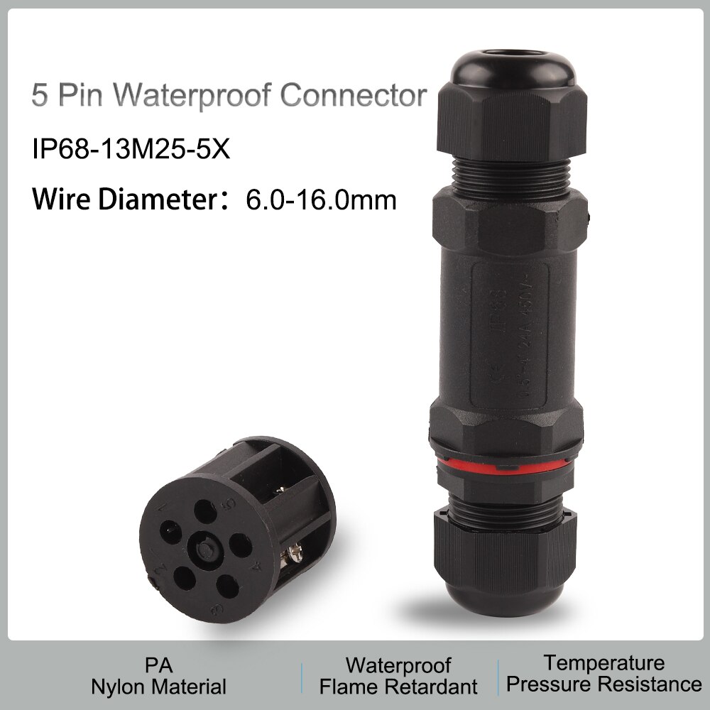 Conector a prueba de agua IP68, forma de E/S/T, 2/3/4/5 Pines, adaptador de Terminal eléctrico, conector de Cable para conexión de luz LED al aire libre: 5X M25 I Shape