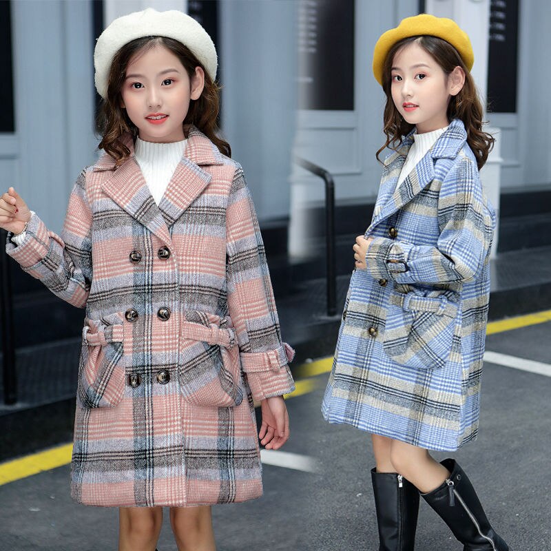 Manteau en laine pour fille, veste à carreaux, col rabattu, en coton, vêtements d'extérieur pour enfants, , automne hiver