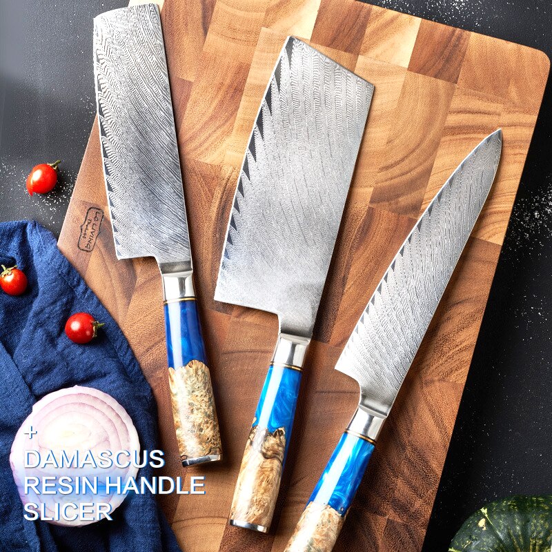 Kitchen Knives-Set Damascus Steel Chef Knife Cleaver Paring Slicing Knife Santoku Knife Blue Resin and Color Wood Handle 1-4set