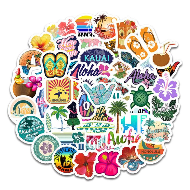 50pcs Hawaii Tropical Beach Summer Sticker Hibiscus Flower Cartoon Decals For Laptop Skateboard Luggage Helmet Notebook Stickers