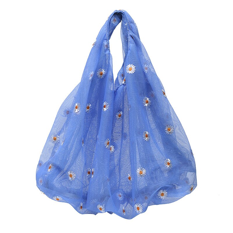 Women Embroidery Transparent Tote Mesh Storage Bag Daisy Organza Handbag Korea Girls Fruit Bag Purse: Blue