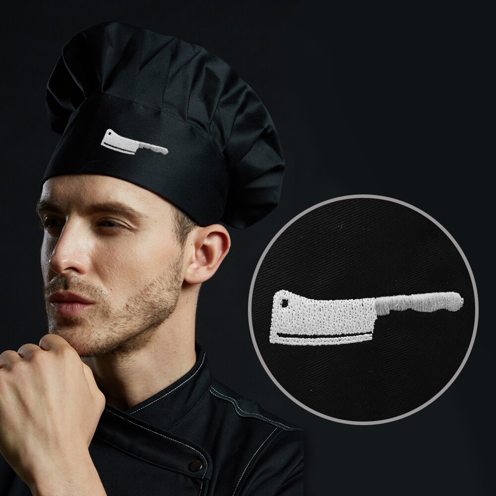Nyhet kokkekniv brodert kokk servitør kokkelue unisex justerbar kjøkken restaurant matlaging baker bbq svart arbeidshatt: 1