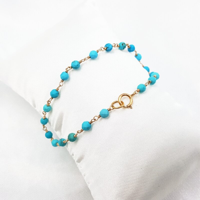 Giglio Gioielli di Tacchino Blu Turchese 3 millimetri Braccialetto Sfaccettato Beads wire wrap 925 sterling argento Fatti A Mano di Lavoro A Maglia Braccialetto Brillante