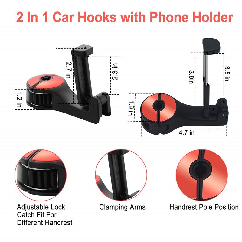 2-in-1 Universele Auto Haken Back Seat Hoofdsteun Mount Houder Voor iPhone Samsung Xiaomi Huawei 360 Graden mobiele Telefoon Houder Stand