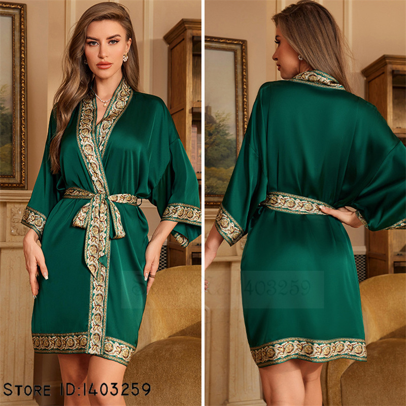 Chinese Stijl Print Badjas Nachtkleding Zomer Ijs Zijde Kimono Badjas Loungewear Casual Dames Kamerjas Nachtkleding