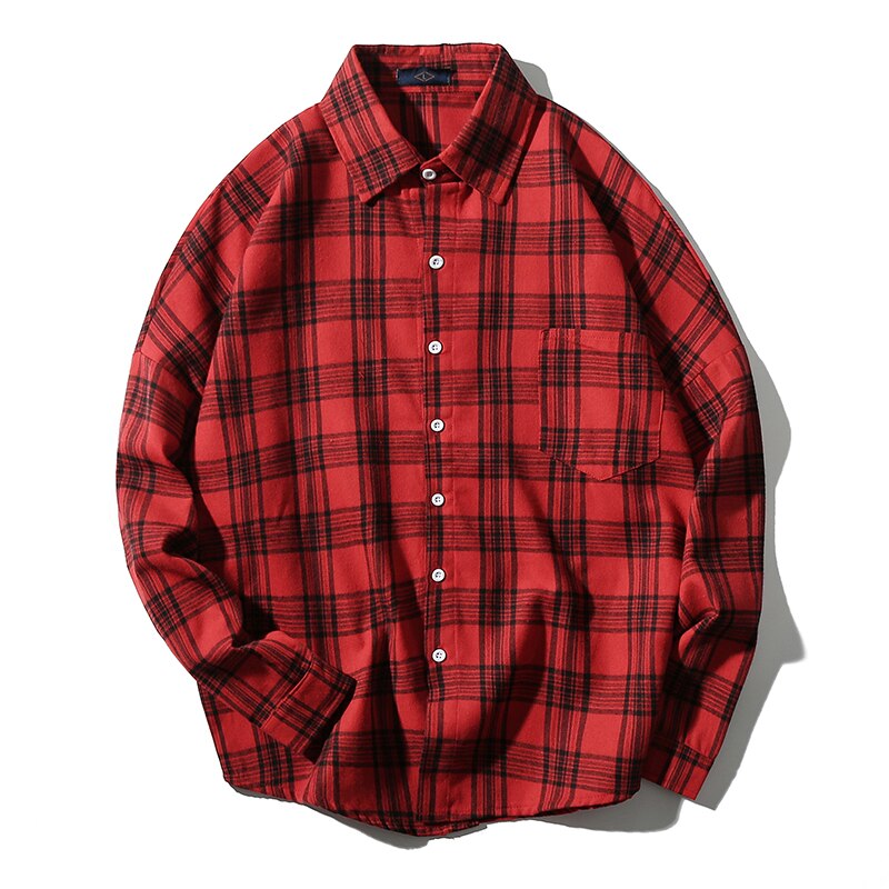 SingleRoad Mens Shirt Men Yellow Plaid Long Sleeve Shirt Japanese Streetwear Harajuku Korean Clothes Male Shirts For Men: Red Shirt Men / Asian-M(EUR XS)