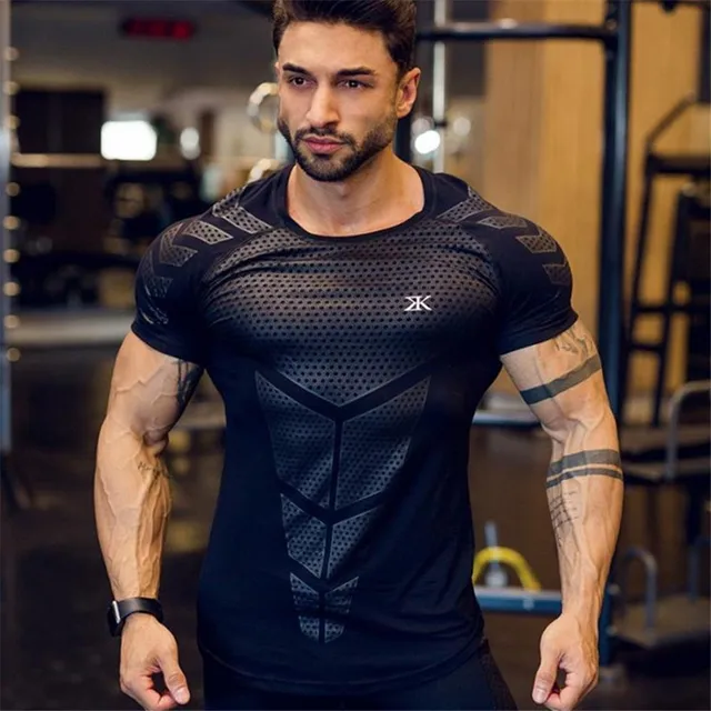 Men Compression Skinny T-shirt Gym Fitness Bodybuilding Shirt Male Summer Running Workout Quick Dry Tee Tops Training Clothing: M / GRAY