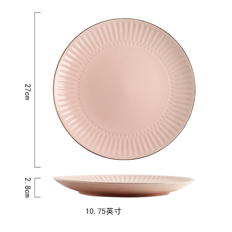 Assiette à dîner bol à soupe service de vaisselle bord blanc tournant Relief doré couverts en porcelaine de Steak: 27CM PINK