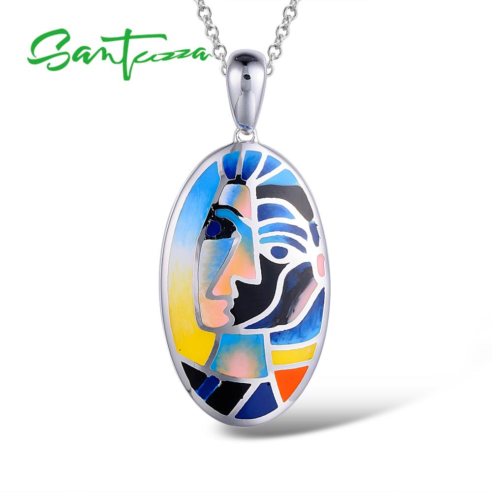 SANTUZZA 100% 925 Sterling Silver Pendants For Women Oval Colorful Handmade Enamel Character Trendy Delicate Fine Jewelry