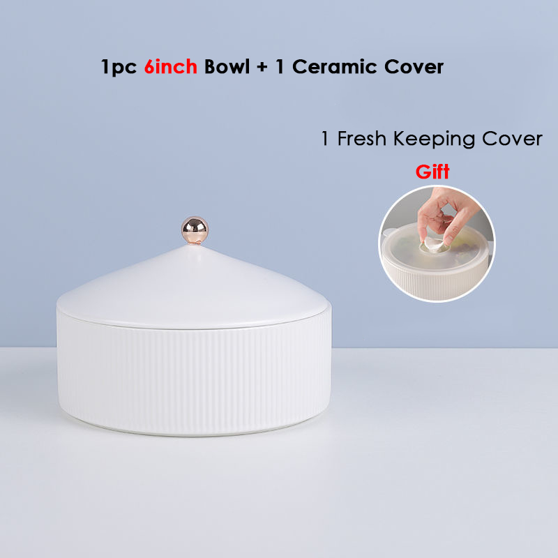 Nordic White Ceramic Bowl with Cover Fruit Snacks Cookies Food Storage Container Serving Dishes Sealed Fresh Keeping Salad Bowls: 6 inch 1pc