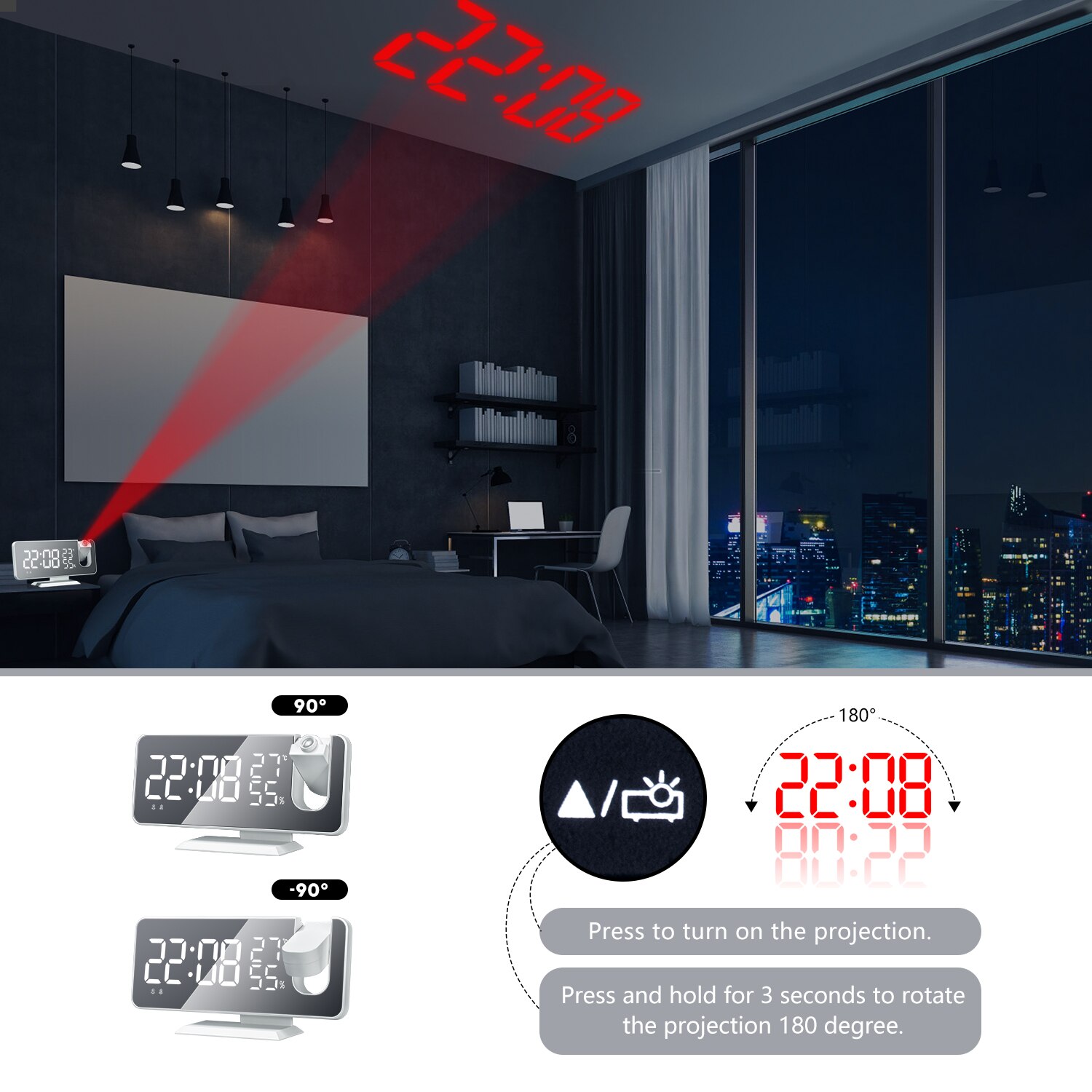 Reloj Digital de despertador con efecto espejo y luz LED para mesilla de noche y dormitorio, Despertador con USB, Radio FM, proyector de tiempo, reloj para mesilla de noche y dormitorio