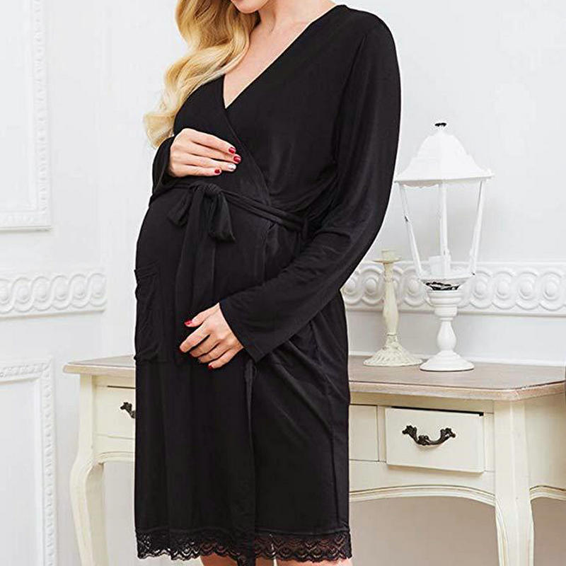 Verpleegkundige Lady Nachthemd Zwangerschap Pijamas Nachtkleding Verpleging Zwangere Vrouw Borstvoeding Nachtjapon Moederschap Arbeid Gewaad Bevalling: Black / XL