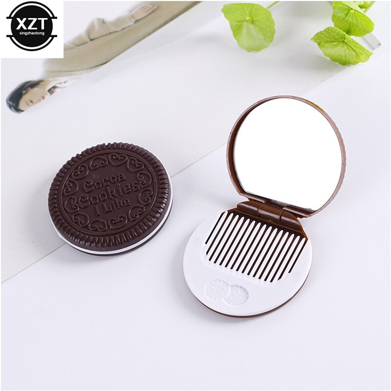 1 pcs Mini Pocket Make Chocolate Cookie Koekjes Compacte Spiegel Met Kam Leuke Opvouwbare